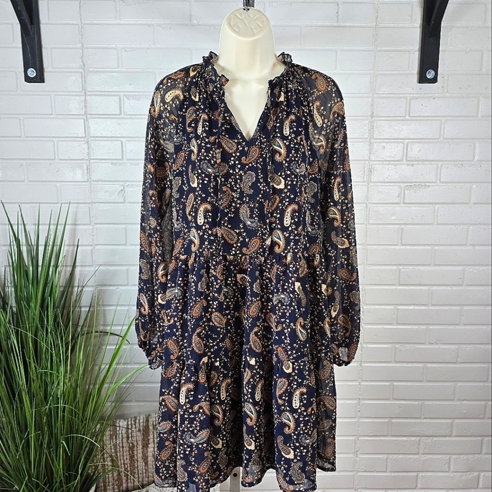 Lark and Grey Navy Blue Paisley Boho Long Sleeve Tiered Midi Dress Size Medium